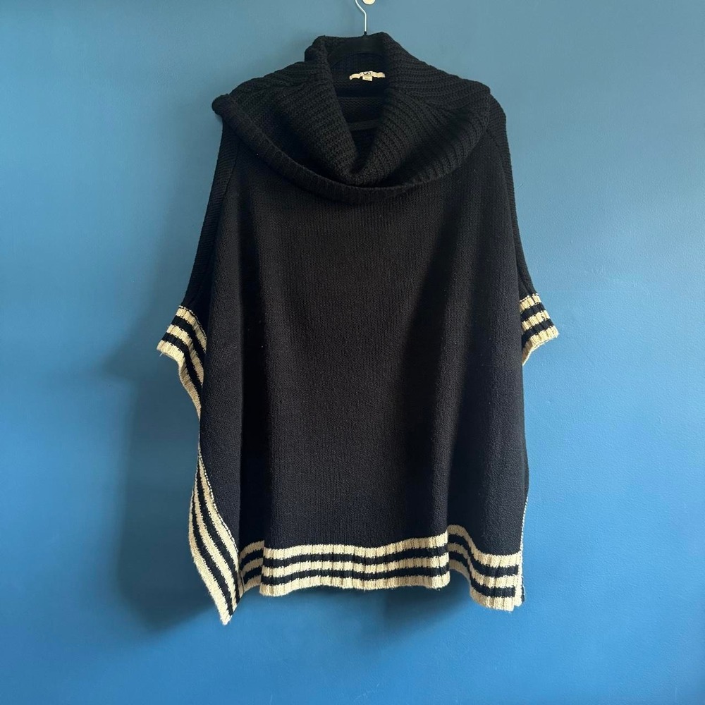 Ya Los Angeles Poncho Women's Size Medium Black Turtleneck Knit Shawl Striped